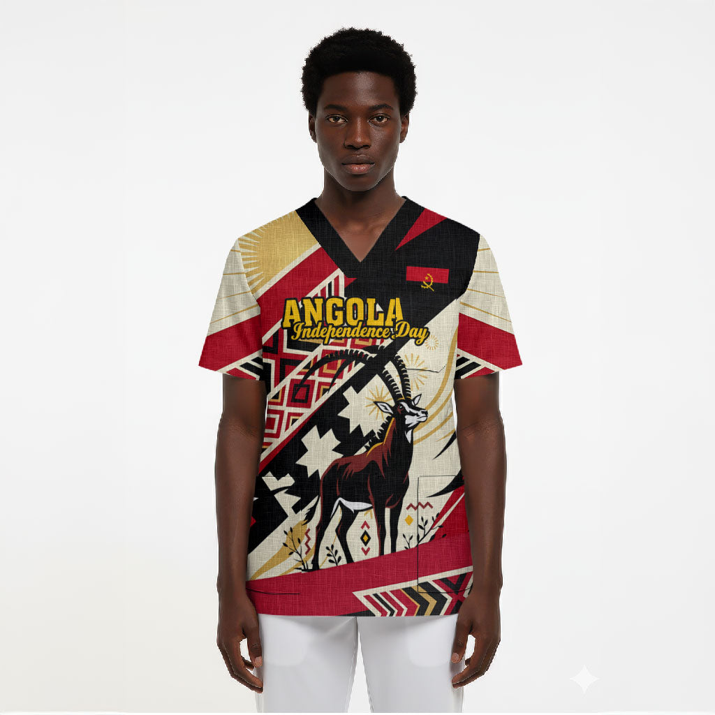 Angola Independence Day Antelope Scrub Top Flag Coat Of Arms Geometric African