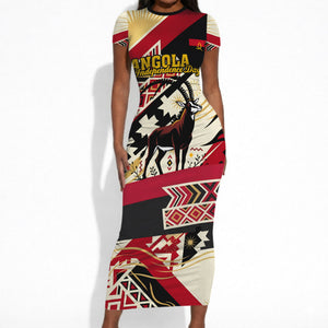 Angola Independence Day Antelope Short Sleeve Bodycon Dress Flag Coat Of Arms Geometric African