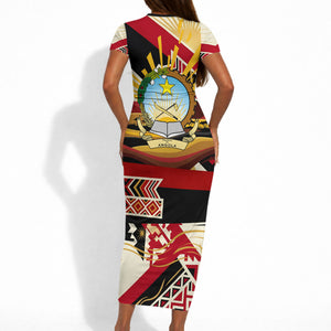 Angola Independence Day Antelope Short Sleeve Bodycon Dress Flag Coat Of Arms Geometric African