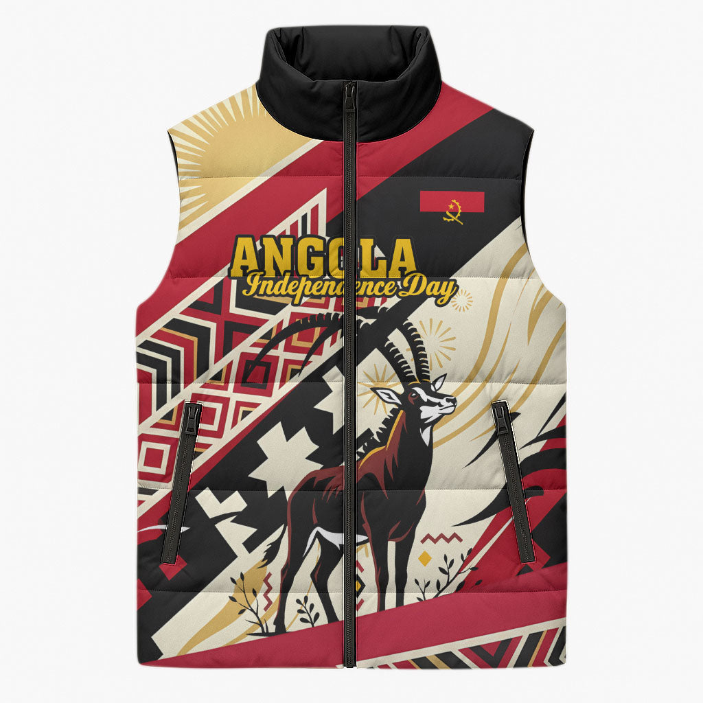 Angola Independence Day Antelope Sleeveless Puffer Jacket Flag Coat Of Arms Geometric African