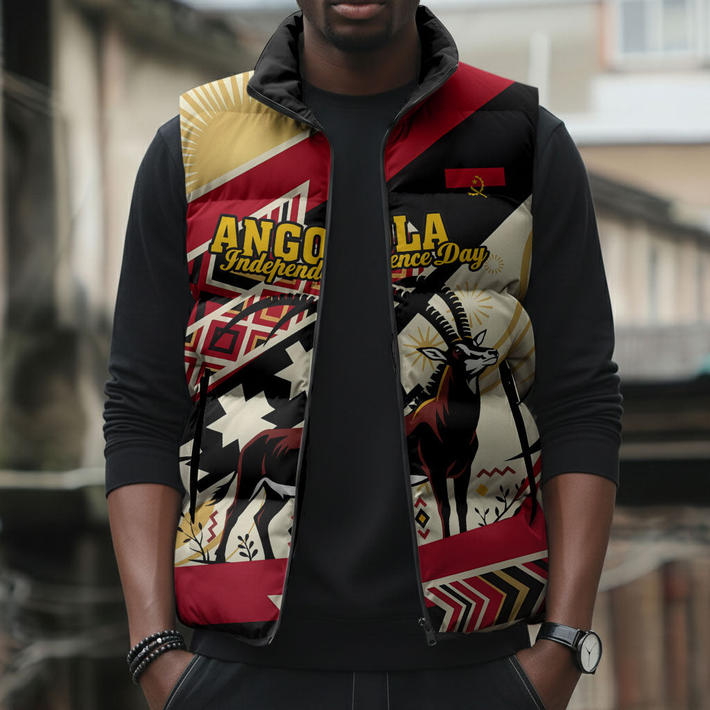 Angola Independence Day Antelope Sleeveless Puffer Jacket Flag Coat Of Arms Geometric African