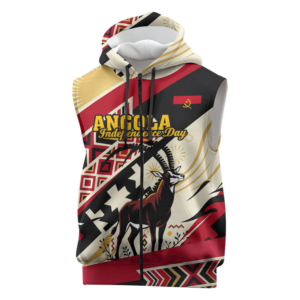 Angola Independence Day Antelope Sleeveless Zip Hoodie Flag Coat Of Arms Geometric African