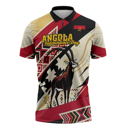Angola Independence Day Antelope Zipper Polo Shirt Flag Coat Of Arms Geometric African