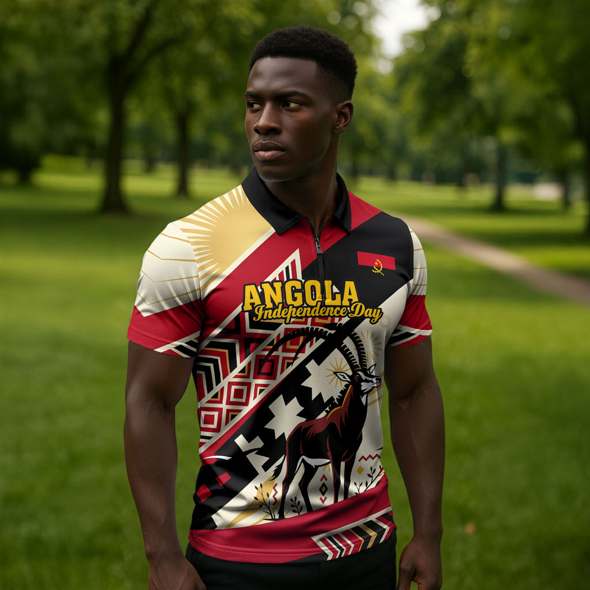 Angola Independence Day Antelope Zipper Polo Shirt Flag Coat Of Arms Geometric African