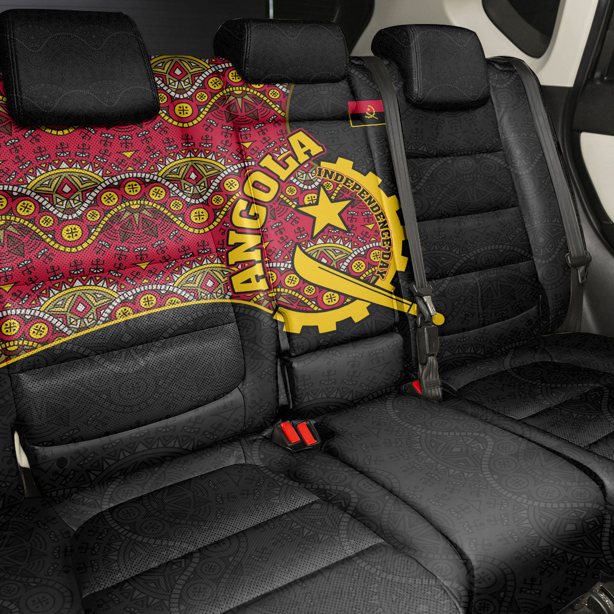 Angola Independence Day Back Car Seat Cover Black Red Flag Coat Of Arms Tribal Geometric