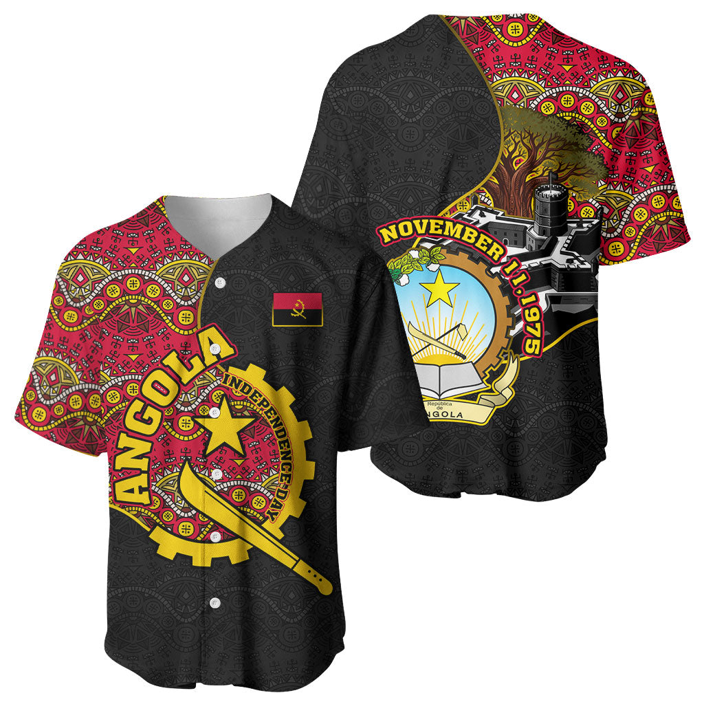 Angola Independence Day Baseball Jersey Black Red Flag Coat Of Arms Tribal Geometric