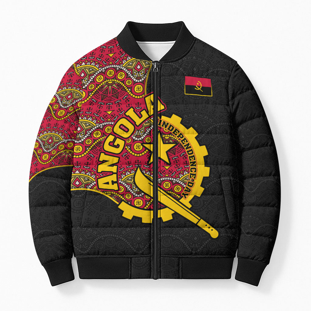 Angola Independence Day Bomber Puffer Jacket Black Red Flag Coat Of Arms Tribal Geometric