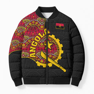 Angola Independence Day Bomber Puffer Jacket Black Red Flag Coat Of Arms Tribal Geometric