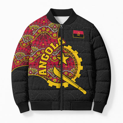 Angola Independence Day Bomber Puffer Jacket Black Red Flag Coat Of Arms Tribal Geometric