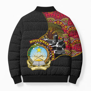 Angola Independence Day Bomber Puffer Jacket Black Red Flag Coat Of Arms Tribal Geometric