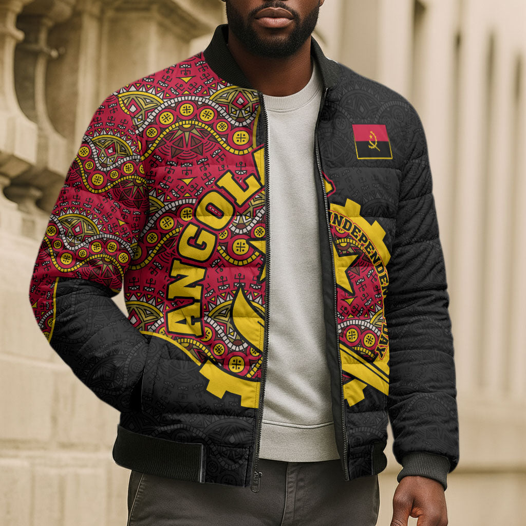 Angola Independence Day Bomber Puffer Jacket Black Red Flag Coat Of Arms Tribal Geometric