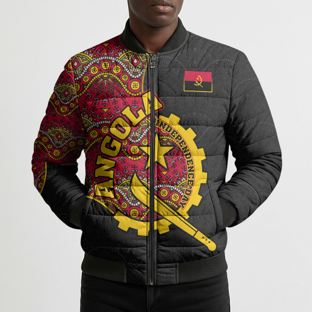 Angola Independence Day Bomber Puffer Jacket Black Red Flag Coat Of Arms Tribal Geometric