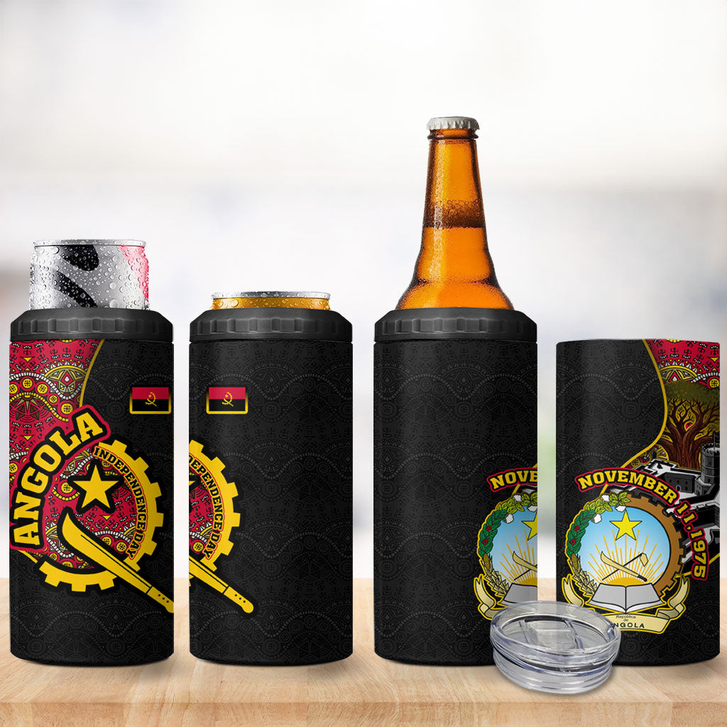Angola Independence Day 4 in 1 Can Cooler Tumbler Black Red Flag Coat Of Arms Tribal Geometric