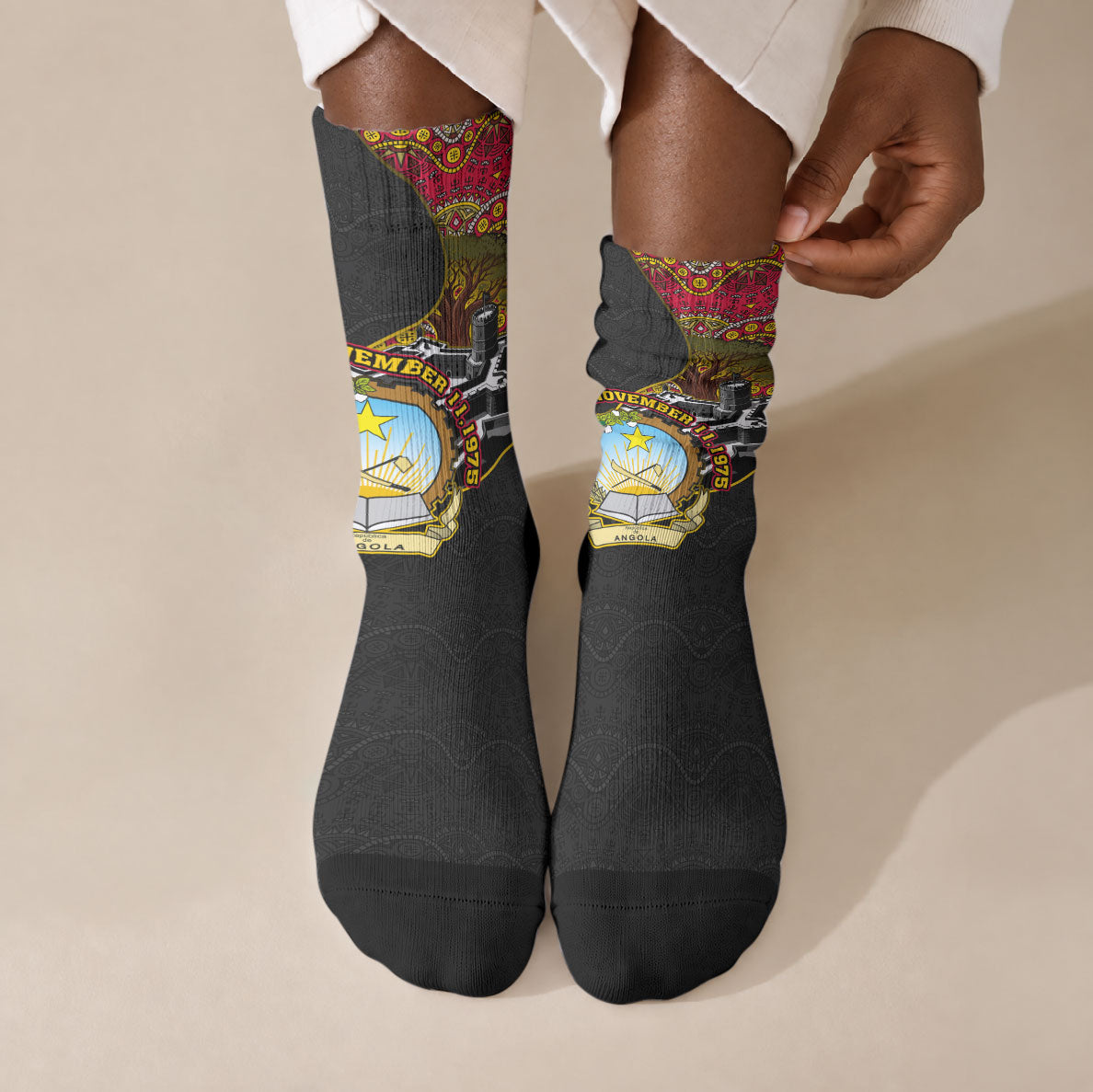 Angola Independence Day Crew Socks Black Red Flag Coat Of Arms Tribal Geometric