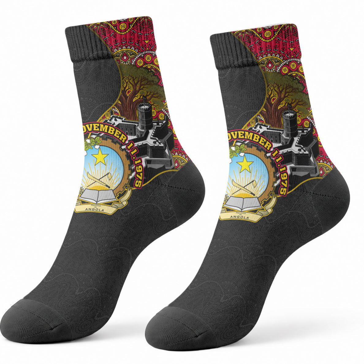 Angola Independence Day Crew Socks Black Red Flag Coat Of Arms Tribal Geometric