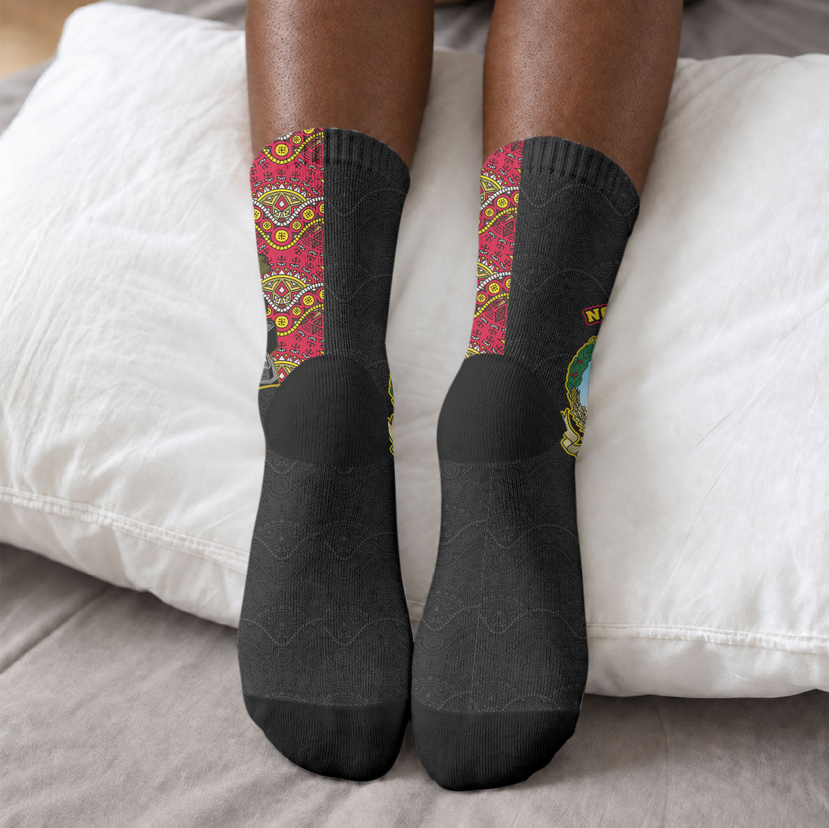 Angola Independence Day Crew Socks Black Red Flag Coat Of Arms Tribal Geometric