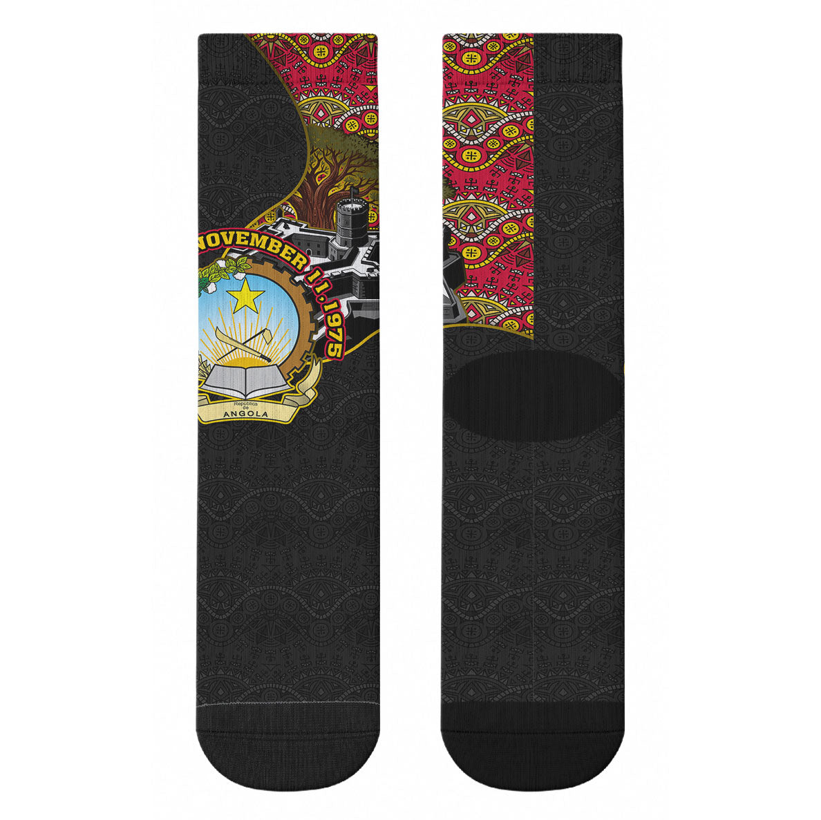 Angola Independence Day Crew Socks Black Red Flag Coat Of Arms Tribal Geometric
