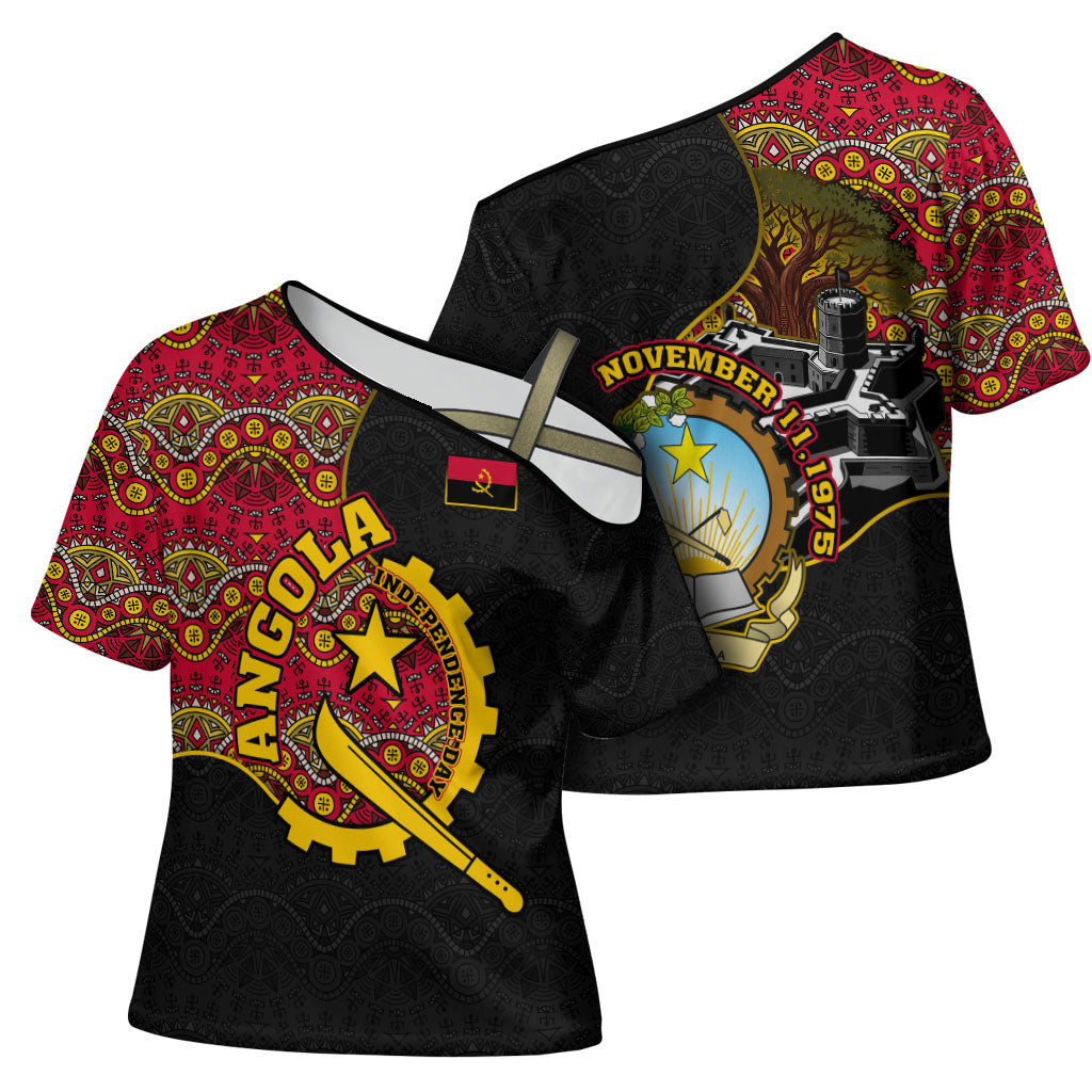 Angola Independence Day Cross Shoulder Shirt Black Red Flag Coat Of Arms Tribal Geometric