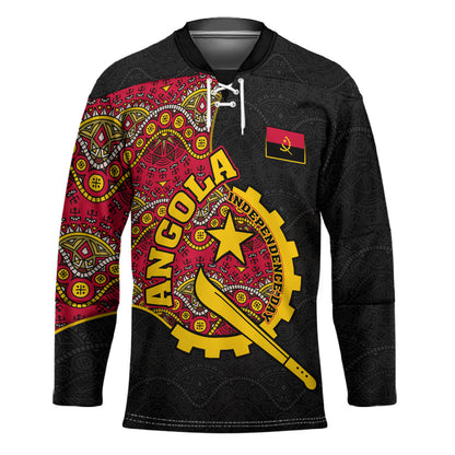 Angola Independence Day Hockey Jersey Black Red Flag Coat Of Arms Tribal Geometric