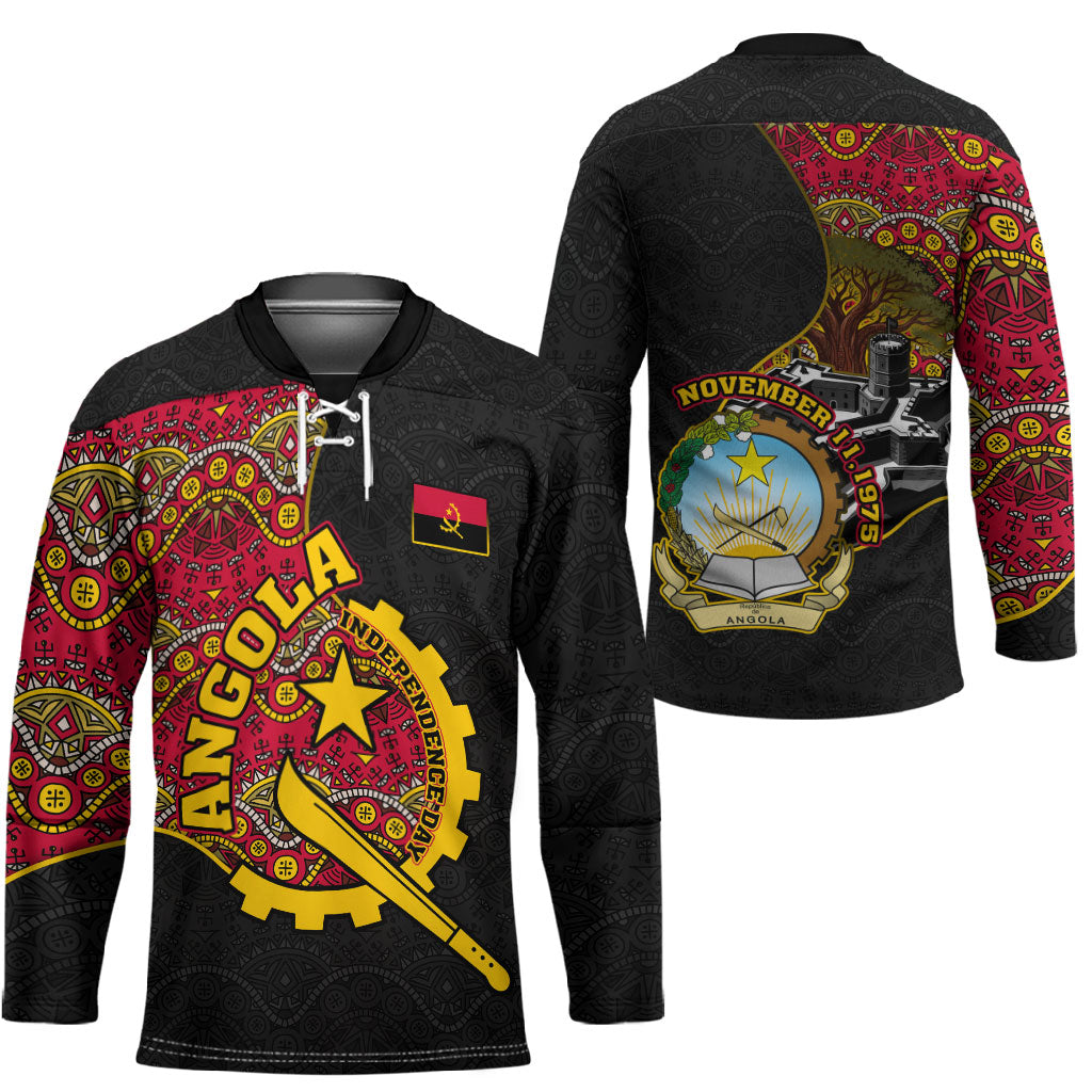 Angola Independence Day Hockey Jersey Black Red Flag Coat Of Arms Tribal Geometric