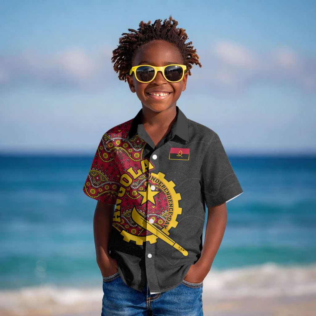 Angola Independence Day Kid Hawaiian Shirt Black Red Flag Coat Of Arms Tribal Geometric
