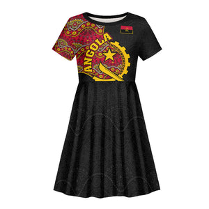 Angola Independence Day Kid Short Sleeve Dress Black Red Flag Coat Of Arms Tribal Geometric