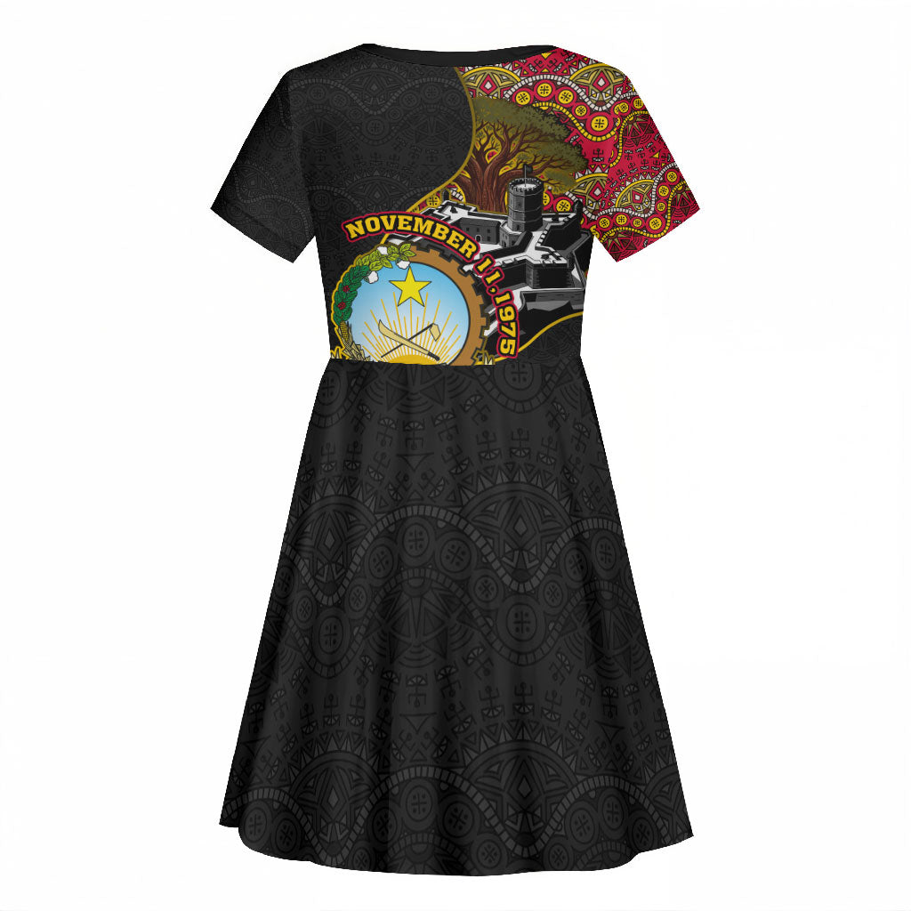 Angola Independence Day Kid Short Sleeve Dress Black Red Flag Coat Of Arms Tribal Geometric
