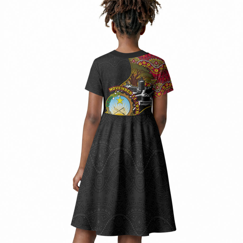 Angola Independence Day Kid Short Sleeve Dress Black Red Flag Coat Of Arms Tribal Geometric