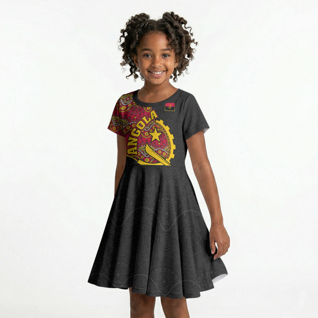 Angola Independence Day Kid Short Sleeve Dress Black Red Flag Coat Of Arms Tribal Geometric