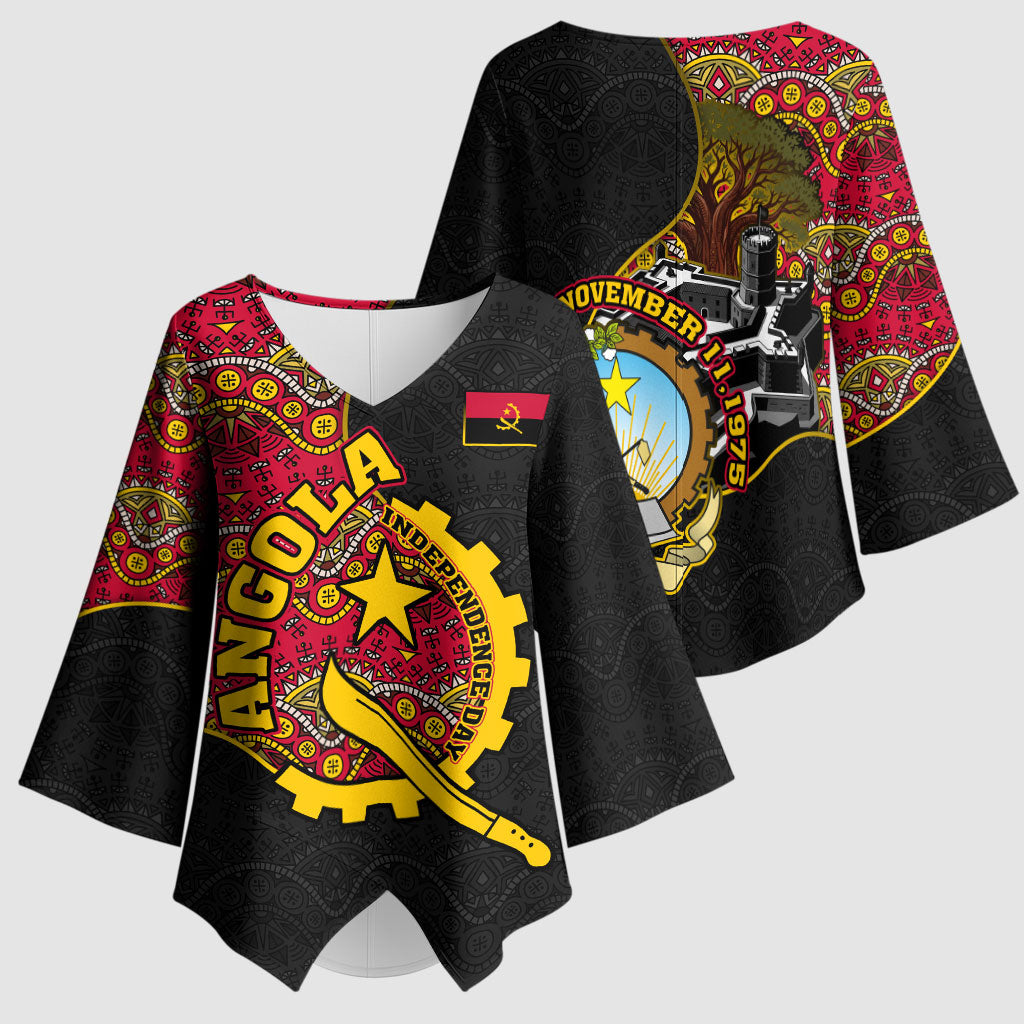 Angola Independence Day Kimono Sleeve Blouse Black Red Flag Coat Of Arms Tribal Geometric