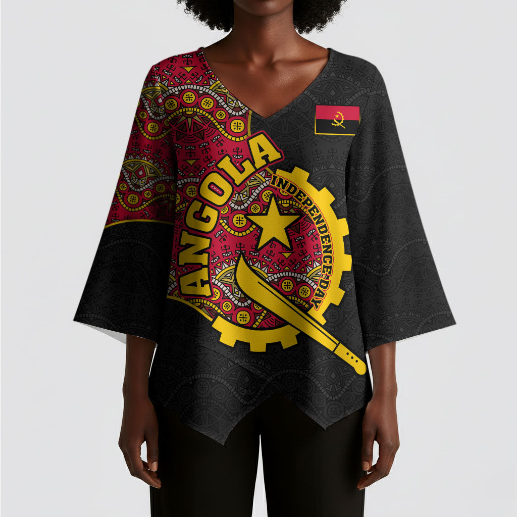 Angola Independence Day Kimono Sleeve Blouse Black Red Flag Coat Of Arms Tribal Geometric