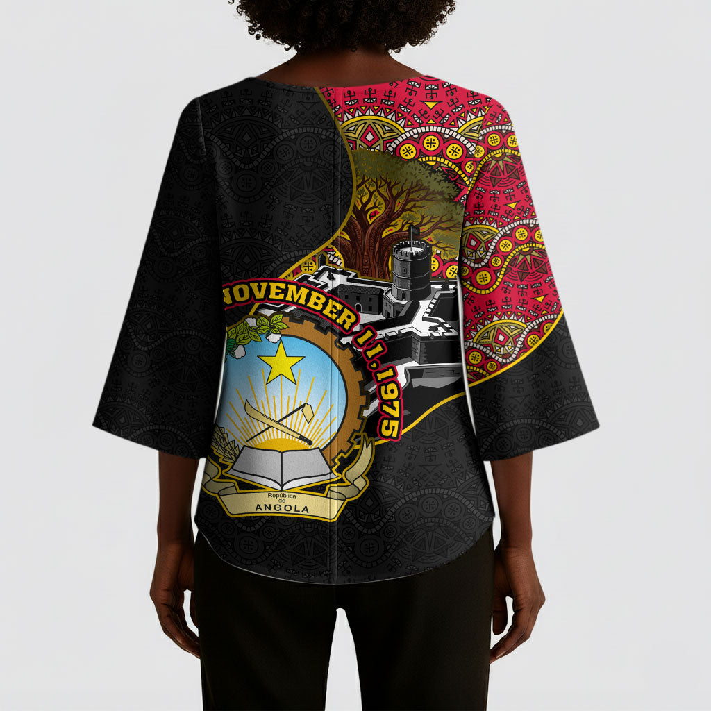 Angola Independence Day Kimono Sleeve Blouse Black Red Flag Coat Of Arms Tribal Geometric