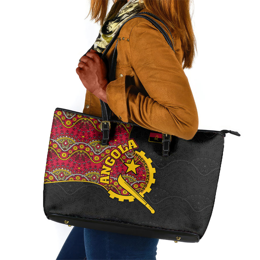 Angola Independence Day Leather Tote Bag Black Red Flag Coat Of Arms Tribal Geometric
