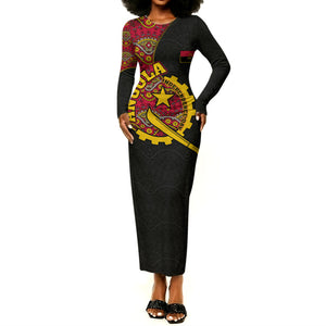 Angola Independence Day Long Sleeve Bodycon Dress Black Red Flag Coat Of Arms Tribal Geometric