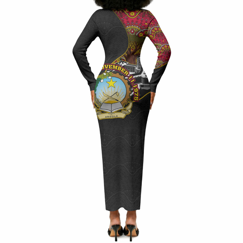 Angola Independence Day Long Sleeve Bodycon Dress Black Red Flag Coat Of Arms Tribal Geometric
