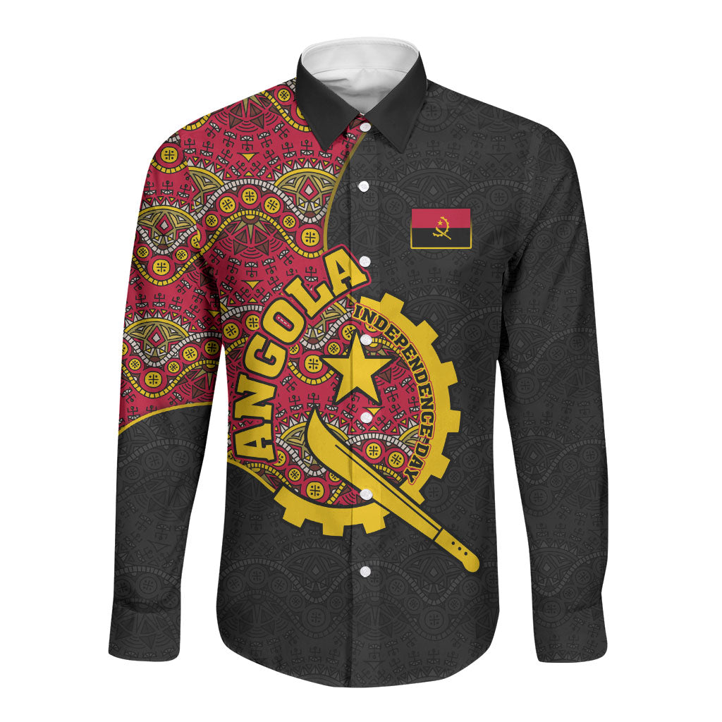 Angola Independence Day Long Sleeve Button Shirt Black Red Flag Coat Of Arms Tribal Geometric
