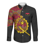 Angola Independence Day Long Sleeve Button Shirt Black Red Flag Coat Of Arms Tribal Geometric