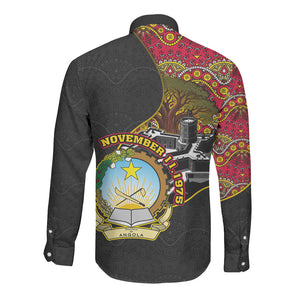 Angola Independence Day Long Sleeve Button Shirt Black Red Flag Coat Of Arms Tribal Geometric