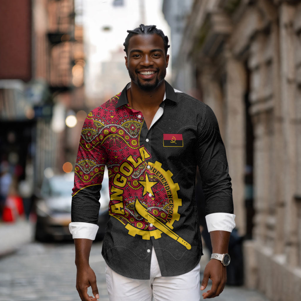 Angola Independence Day Long Sleeve Button Shirt Black Red Flag Coat Of Arms Tribal Geometric