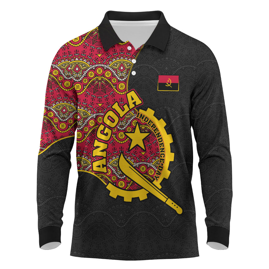 Angola Independence Day Long Sleeve Polo Shirt Black Red Flag Coat Of Arms Tribal Geometric