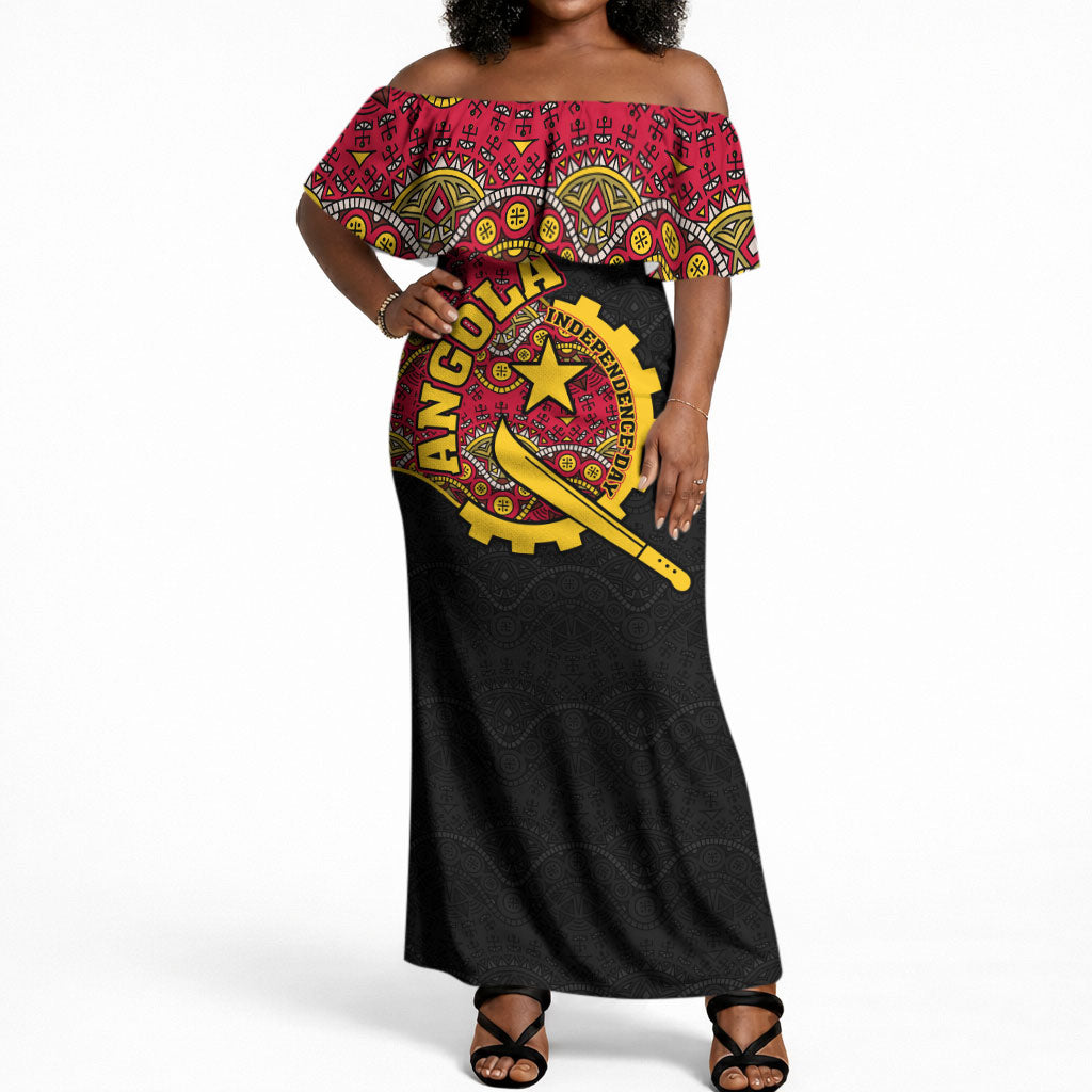 Angola Independence Day Off Shoulder Maxi Dress Black Red Flag Coat Of Arms Tribal Geometric