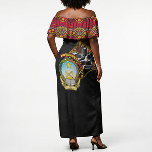 Angola Independence Day Off Shoulder Maxi Dress Black Red Flag Coat Of Arms Tribal Geometric