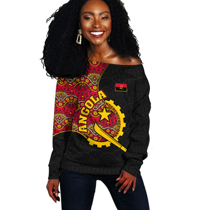 Angola Independence Day Off Shoulder Sweater Black Red Flag Coat Of Arms Tribal Geometric