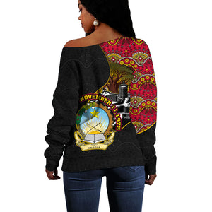 Angola Independence Day Off Shoulder Sweater Black Red Flag Coat Of Arms Tribal Geometric