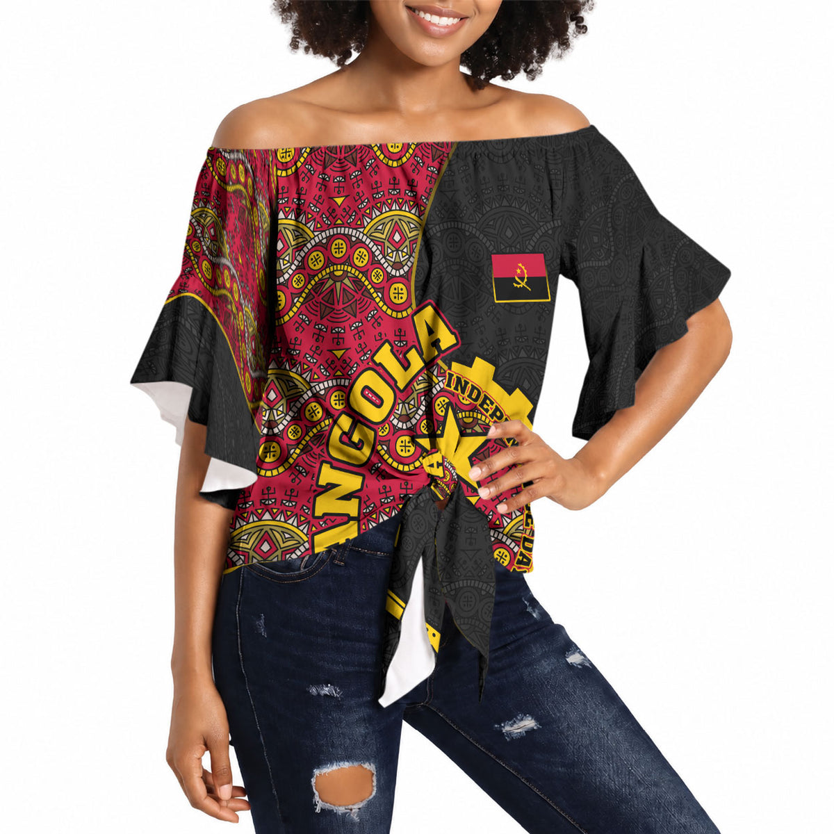 Angola Independence Day Off Shoulder Wrap Waist Top Black Red Flag Coat Of Arms Tribal Geometric