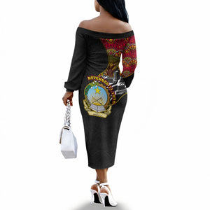 Angola Independence Day Off The Shoulder Long Sleeve Dress Black Red Flag Coat Of Arms Tribal Geometric