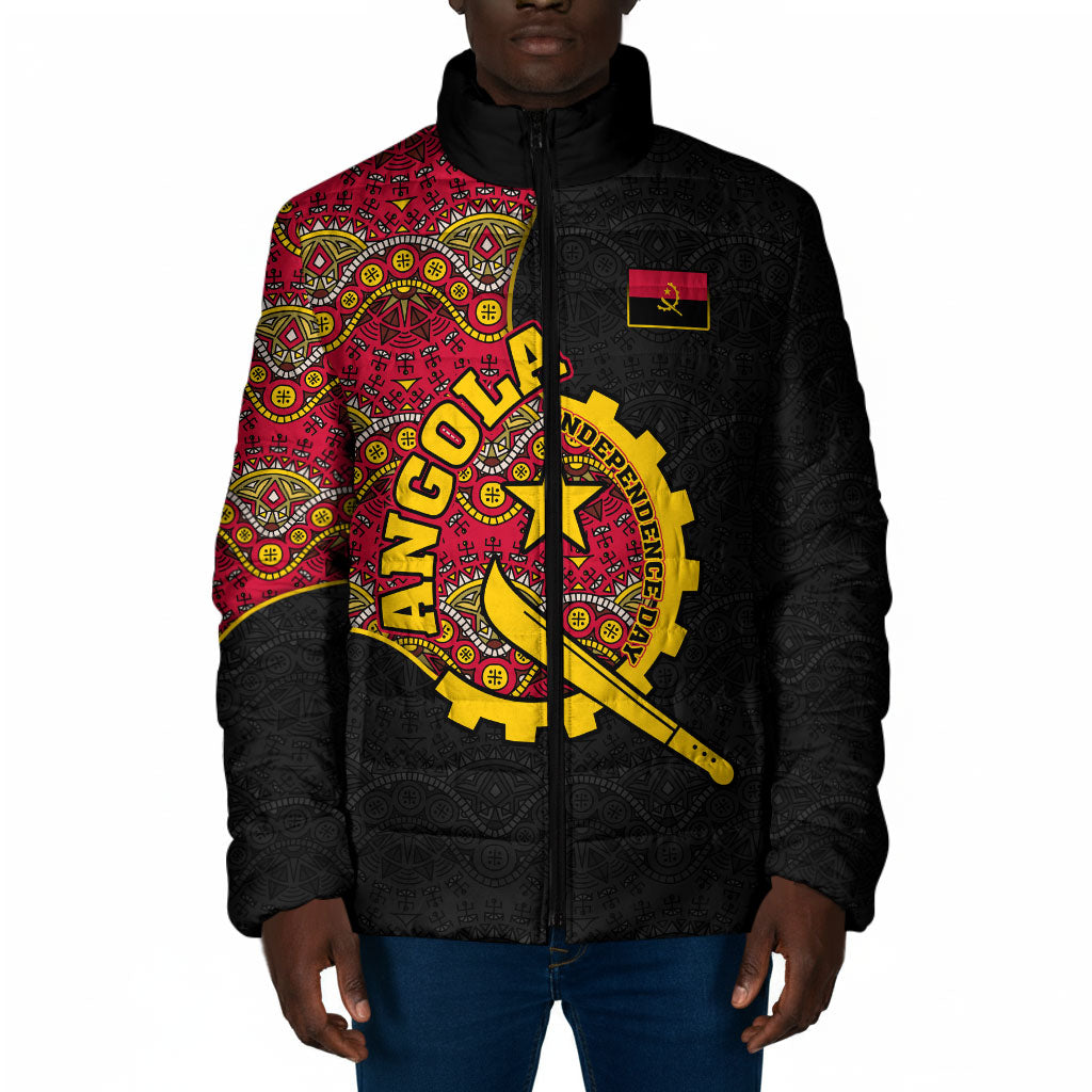 Angola Independence Day Padded Jacket Black Red Flag Coat Of Arms Tribal Geometric