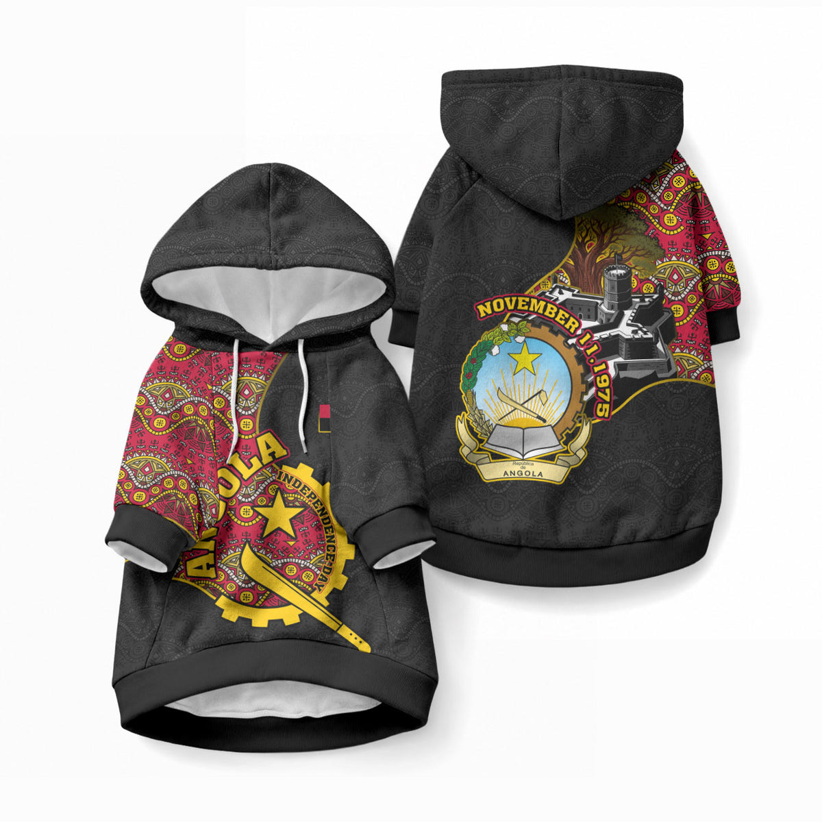 Angola Independence Day Pet Hoodie Black Red Flag Coat Of Arms Tribal Geometric
