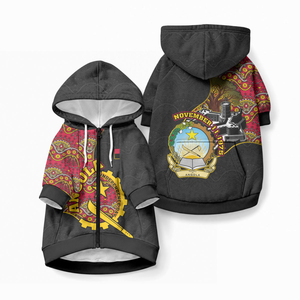 Angola Independence Day Pet Hoodie Black Red Flag Coat Of Arms Tribal Geometric