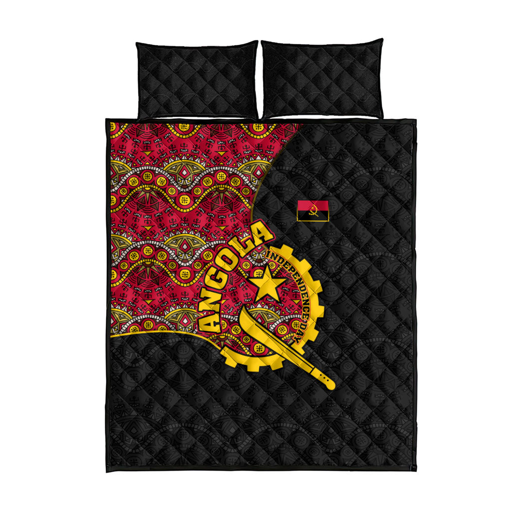 Angola Independence Day Quilt Bed Set Black Red Flag Coat Of Arms Tribal Geometric